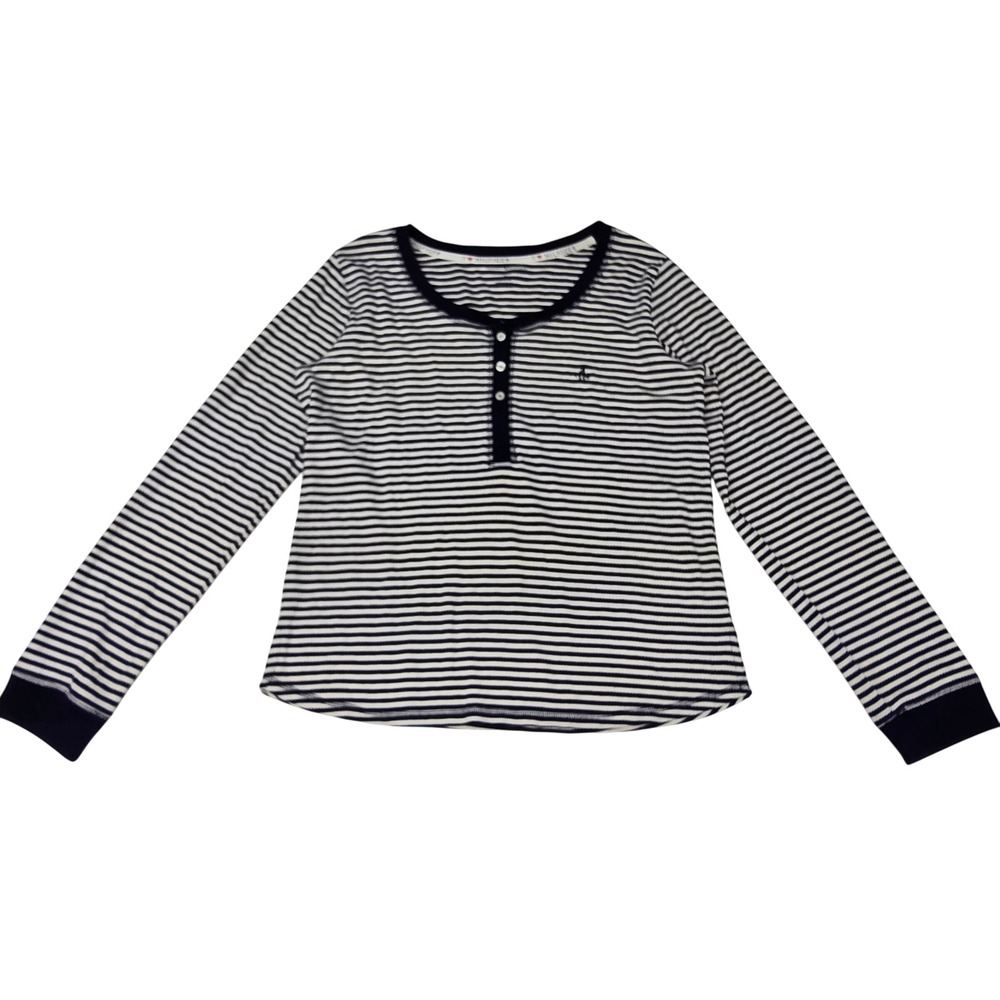 Tommy Hilfiger Womens Navy White Striped Henley Long Sleeve Shirt Size M Cotton